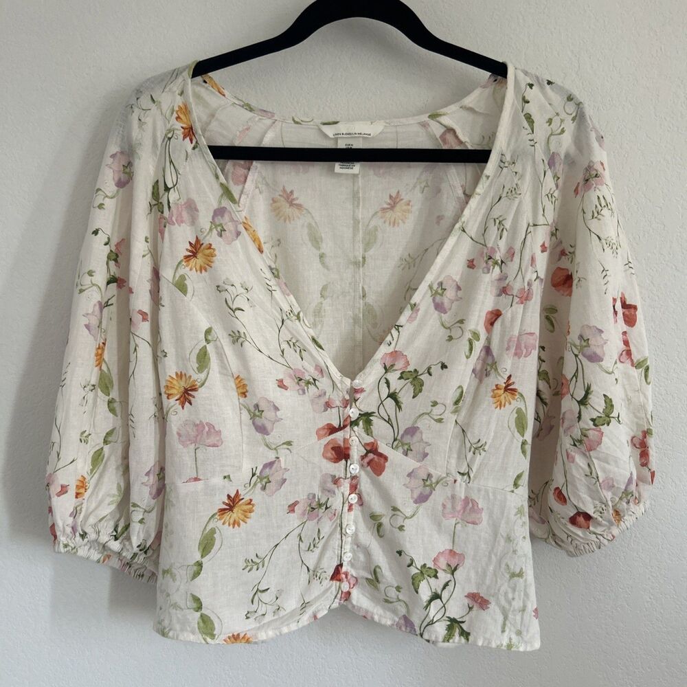 H&M Cropped Top White & Floral Linen Blend Puff Sleeves V-Neck Blouse Sz M